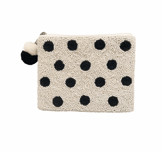 Black/White Checkerboard Seed Bead Coin Purse with Pom Pom