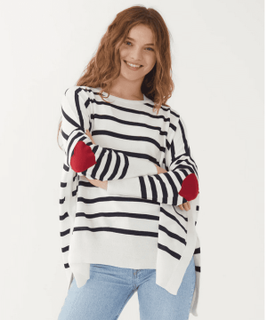 Amour Sweater w/ Heart Patch Striped Navy