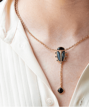 Scarab Lariat Gold/Blue Labradorite/Black Agate Necklace